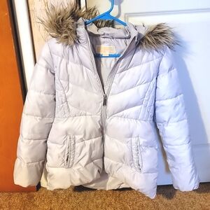 Silver Puffer Jackets with Fur-Trimmed Hood